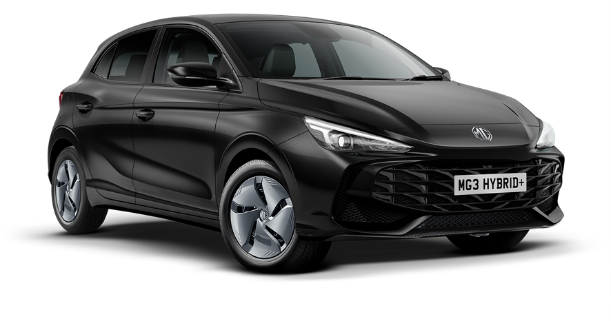 Ein schwarzer MG3 Hybrid+ Fließheckwagen ist von vorne zu sehen und besticht durch sein elegantes Design, die markanten Scheinwerfer und die modernen Leichtmetallfelgen. Das Nummernschild trägt die Aufschrift „MG3 HYBRID+“.
